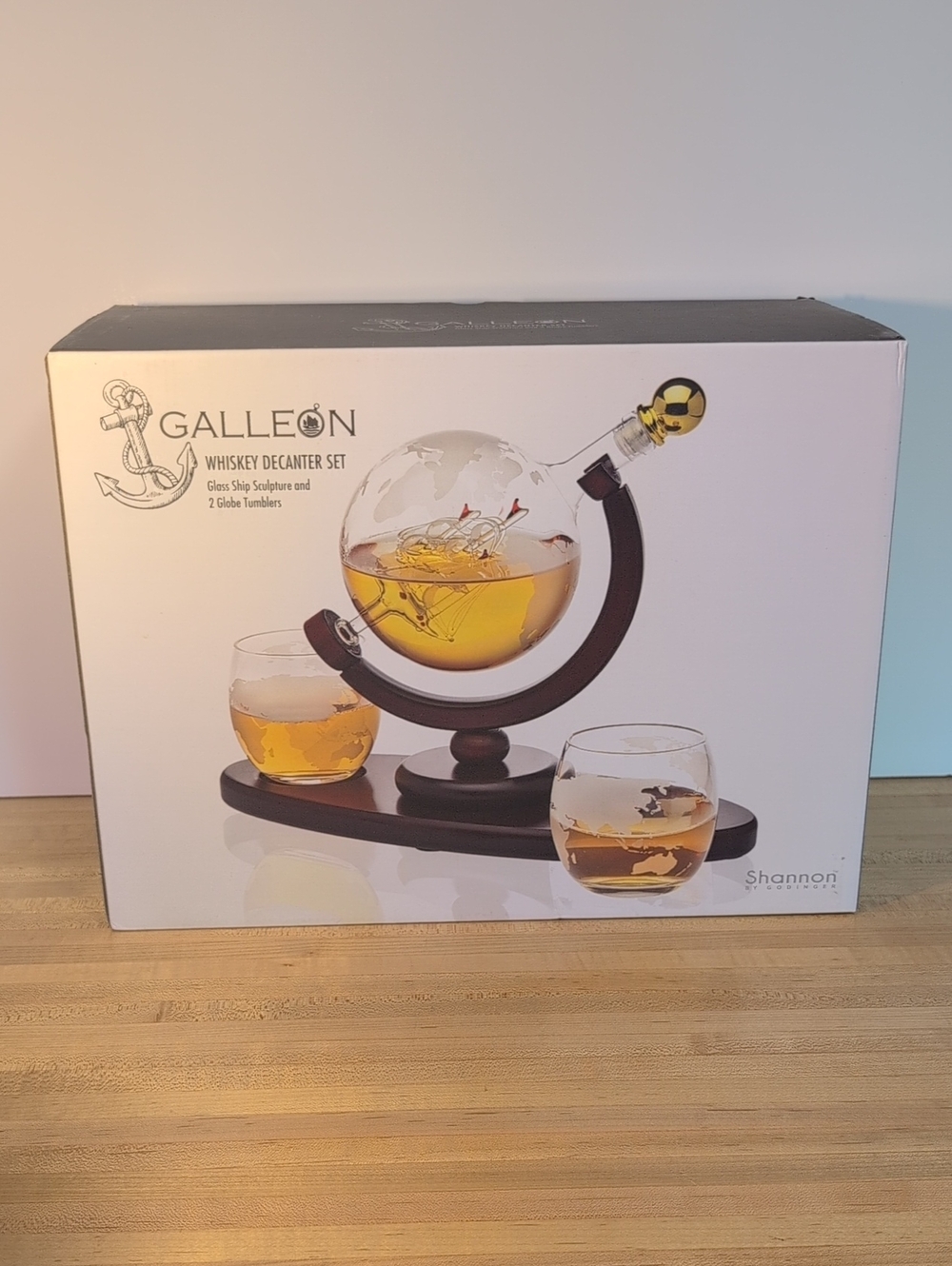 Whiskey Decanter Set with Brown Wood Stand and Clear Glass